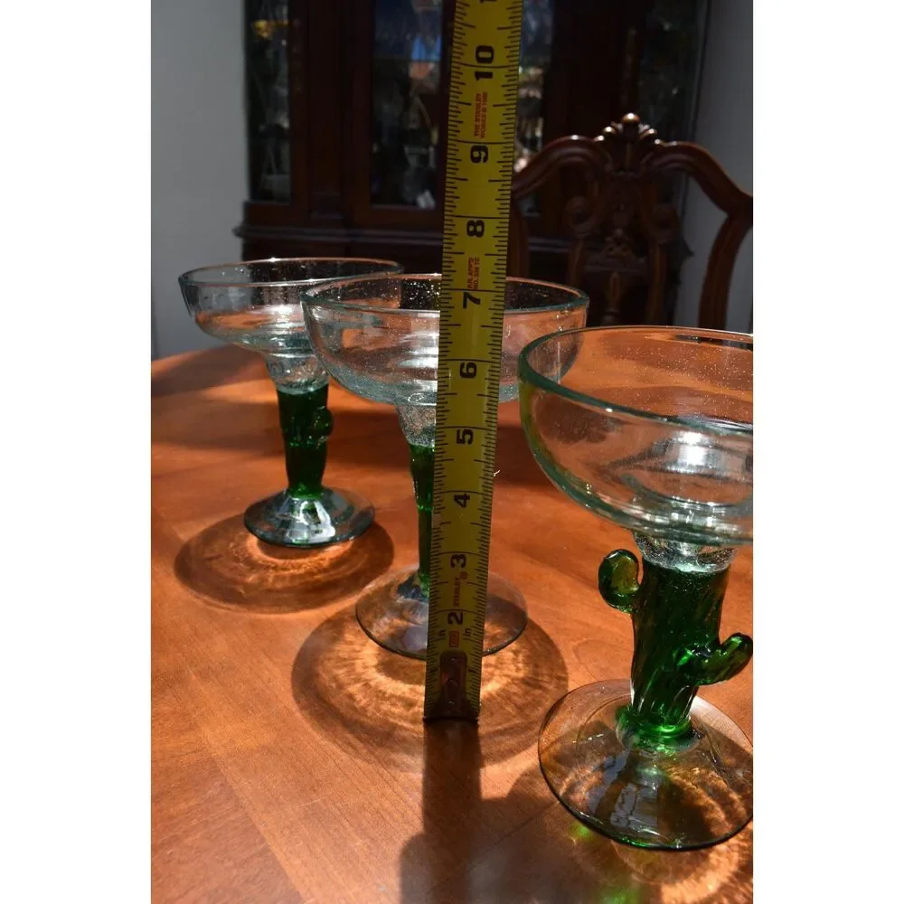 Set of 3 Mexican Hand Blown Cactus Stem Margarita Glasses Blown Heavy Barware